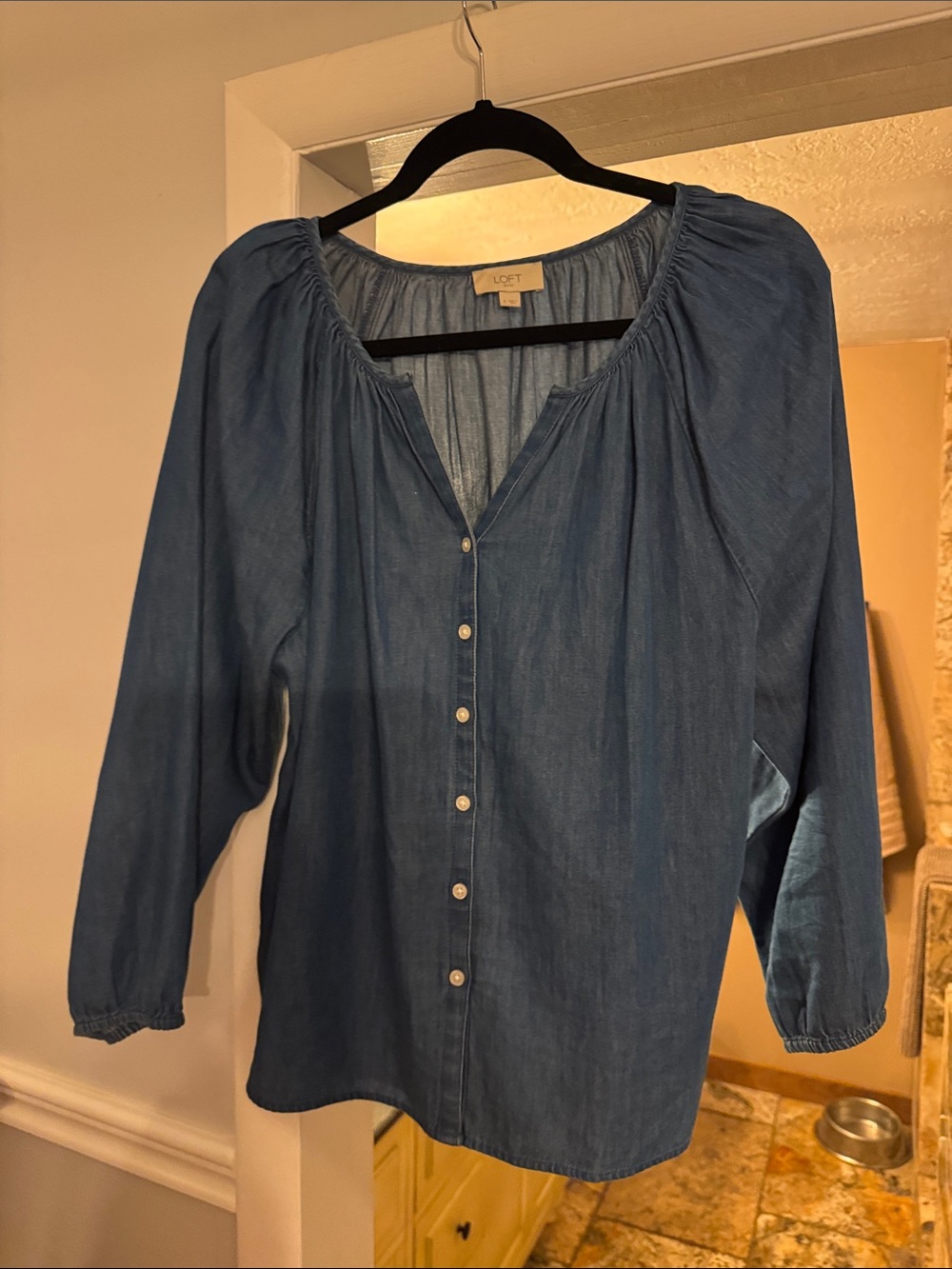 LOFT Denim-Style Blue Button-Front Peasant Top